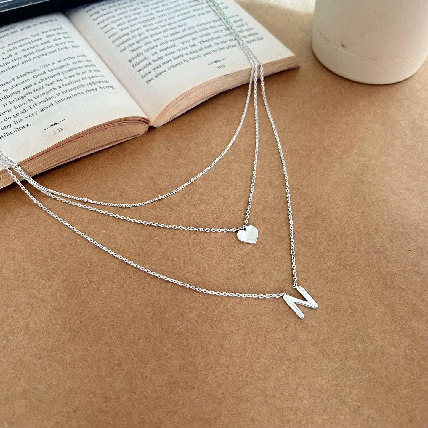 3-Layer Chain with Initial and heart in Sterling Silver - | Liyana Jewels