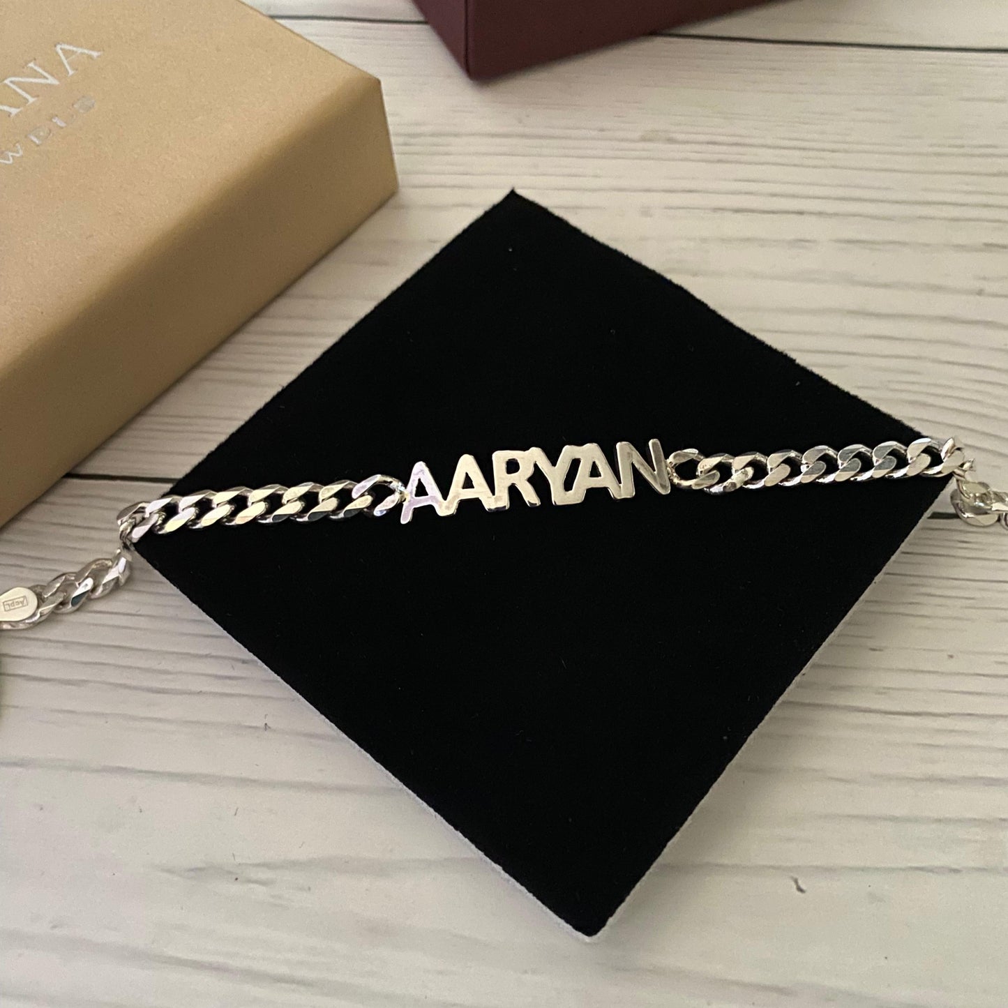 Personalized Hand Cut Name Bracelet in Sterling Silver with 8mm Link Chain