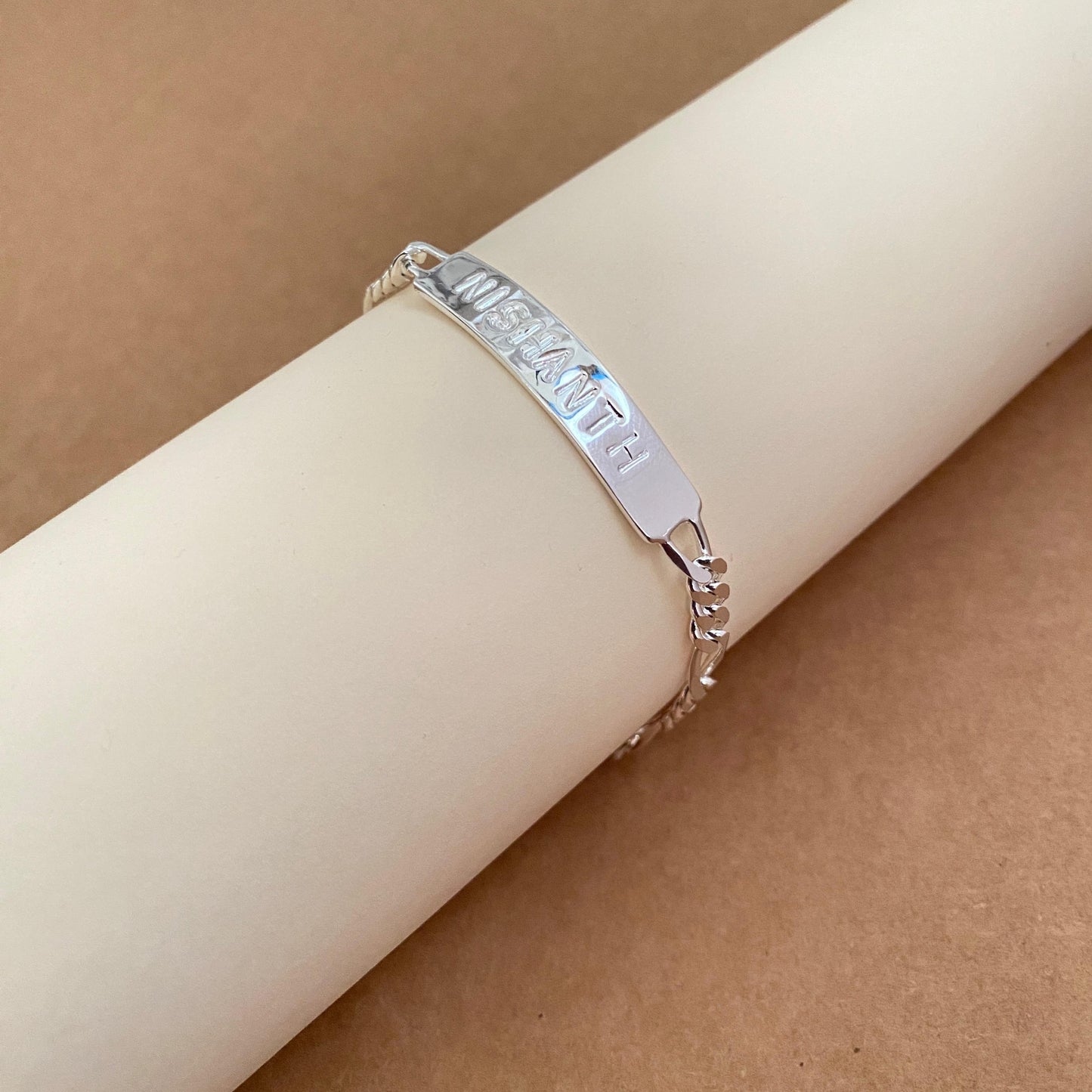 Personalized Hand Stamp 5mm Bar Bracelet in Figaro Chain in Sterling Silver