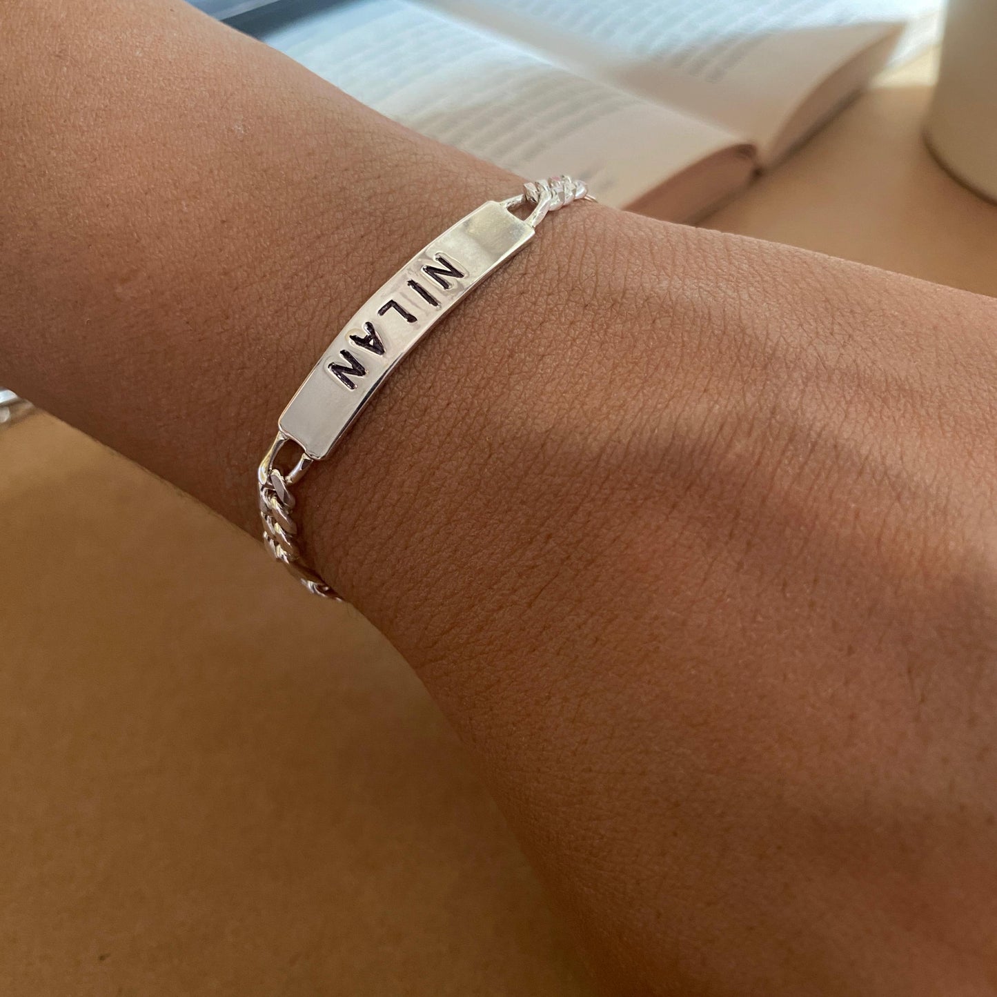 Personalized Hand Stamp 5mm Bar Bracelet in Figaro Chain in Sterling Silver