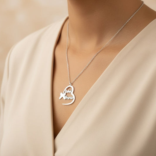 Personalised Inverted Butterfly Couple Name Necklace in 92.5 Sterling Silver