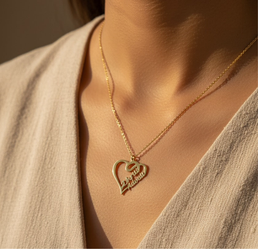 Personalised Overlapping Heart Couple Name Necklace in 92.5 Sterling Silver