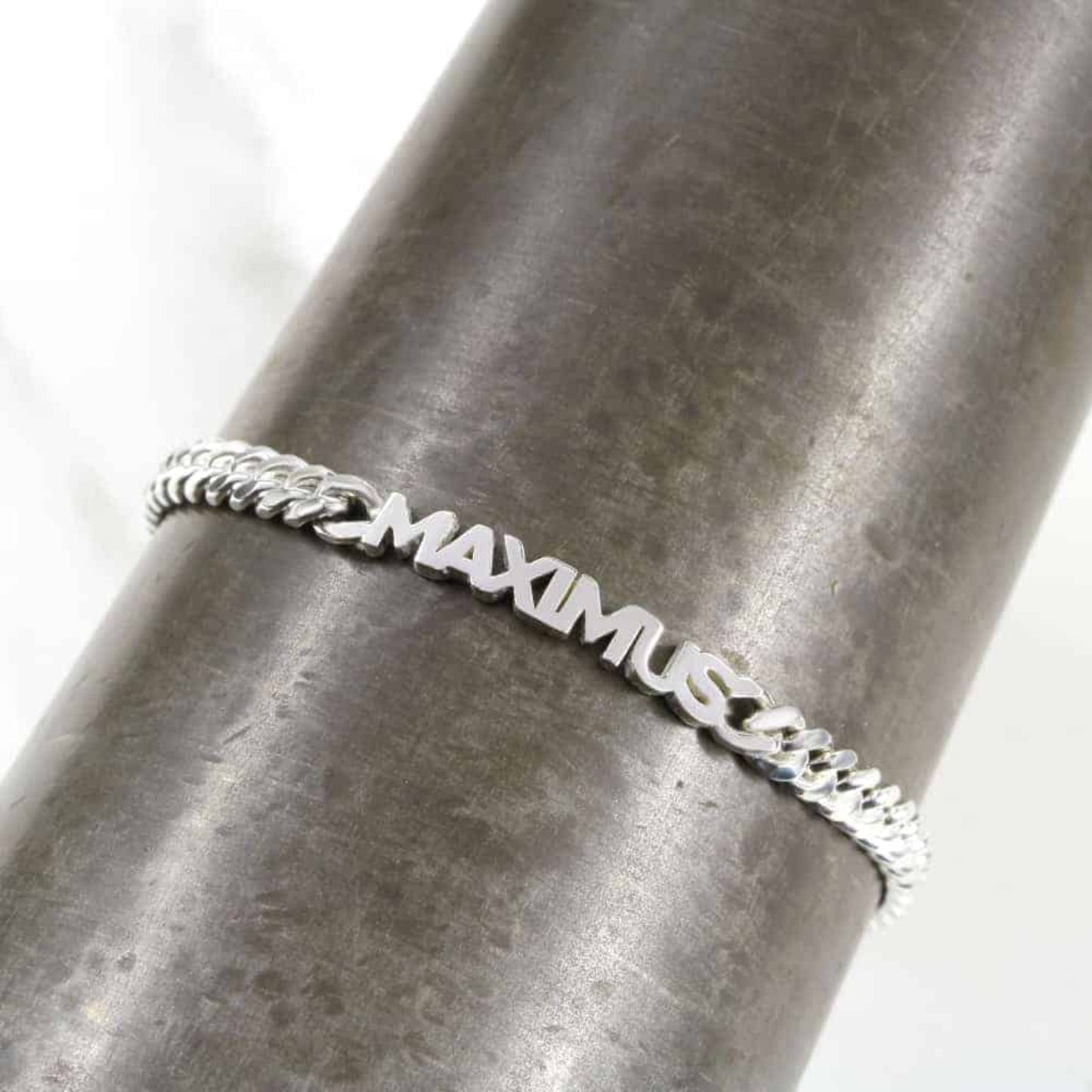 Personalized Hand Cut Name Bracelet in Sterling Silver with 5mm Link Chain