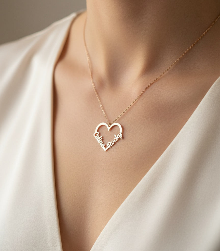 Personalised Couple Heart Name Necklace in 92.5 Sterling Silver
