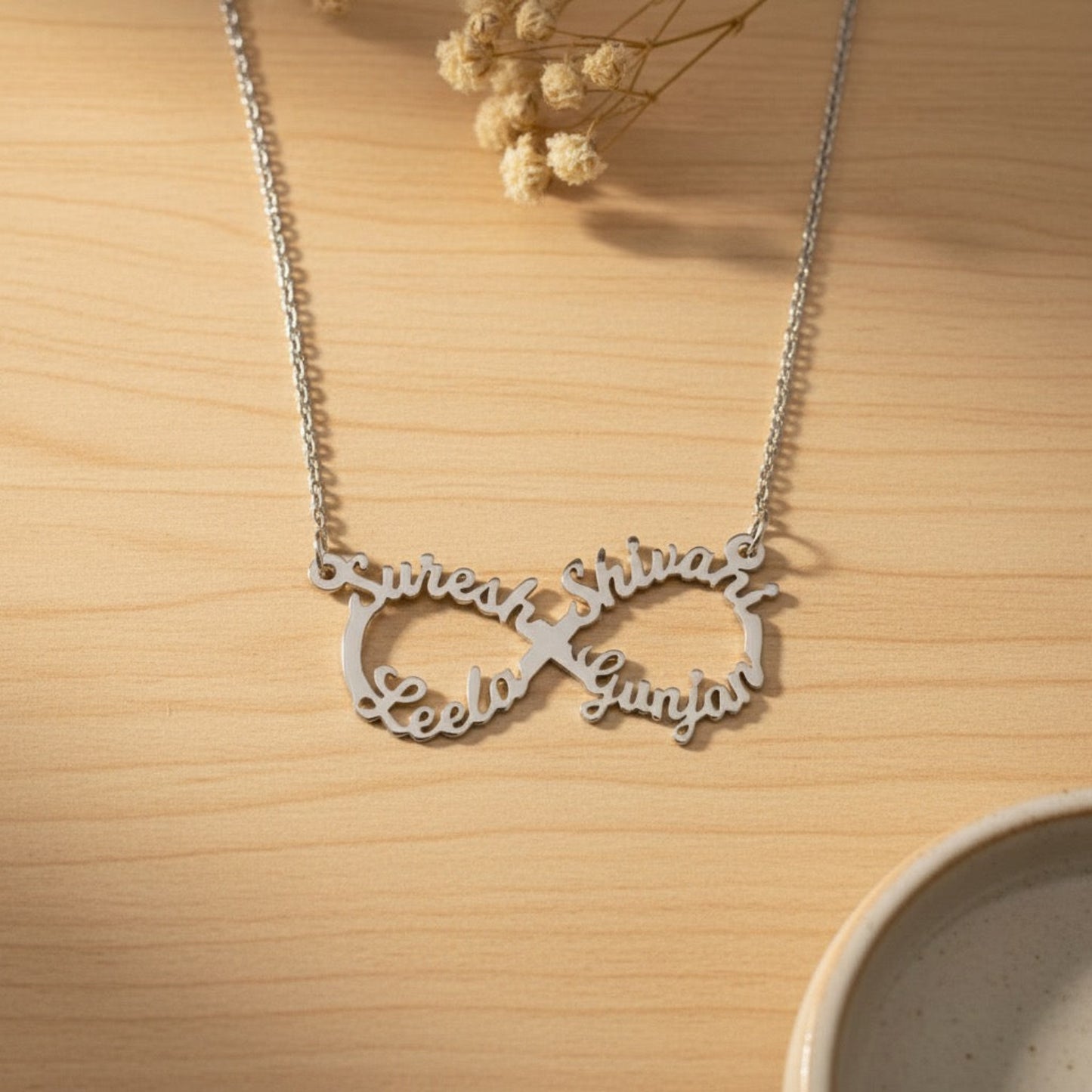 Personalised Infinity Necklace with 4 Names in 92.5 Sterling Silver