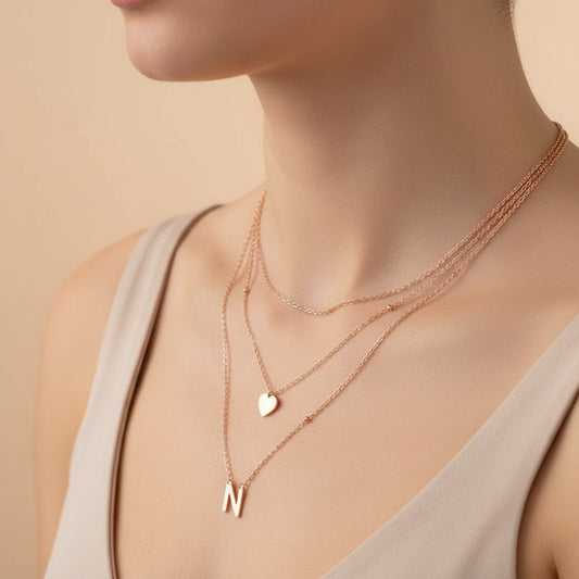3-Layer Chain with Initial and heart in Sterling Silver - | Liyana Jewels