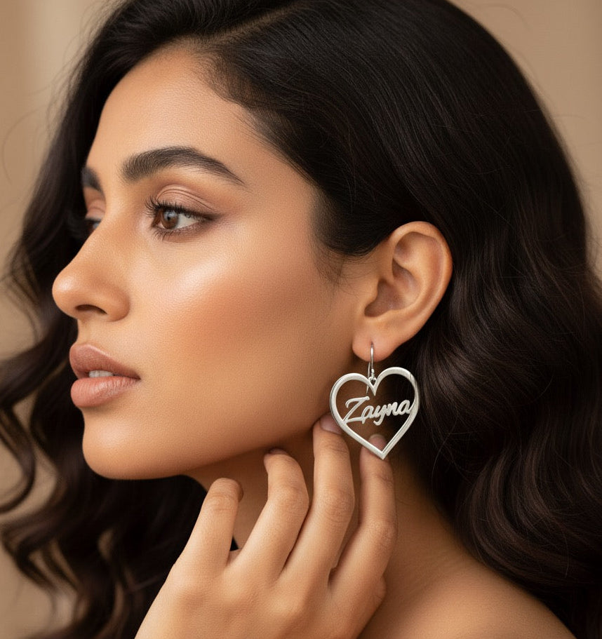 Personalised Heart Drop Name Earrings in 92.5 Sterling Silver