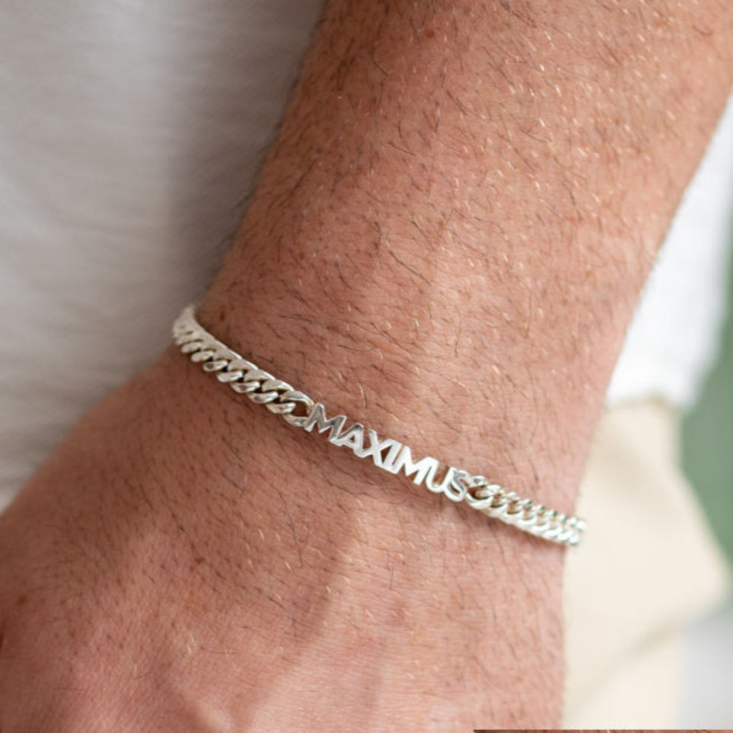 Personalized Hand Cut Name Bracelet in Sterling Silver with 5mm Link Chain