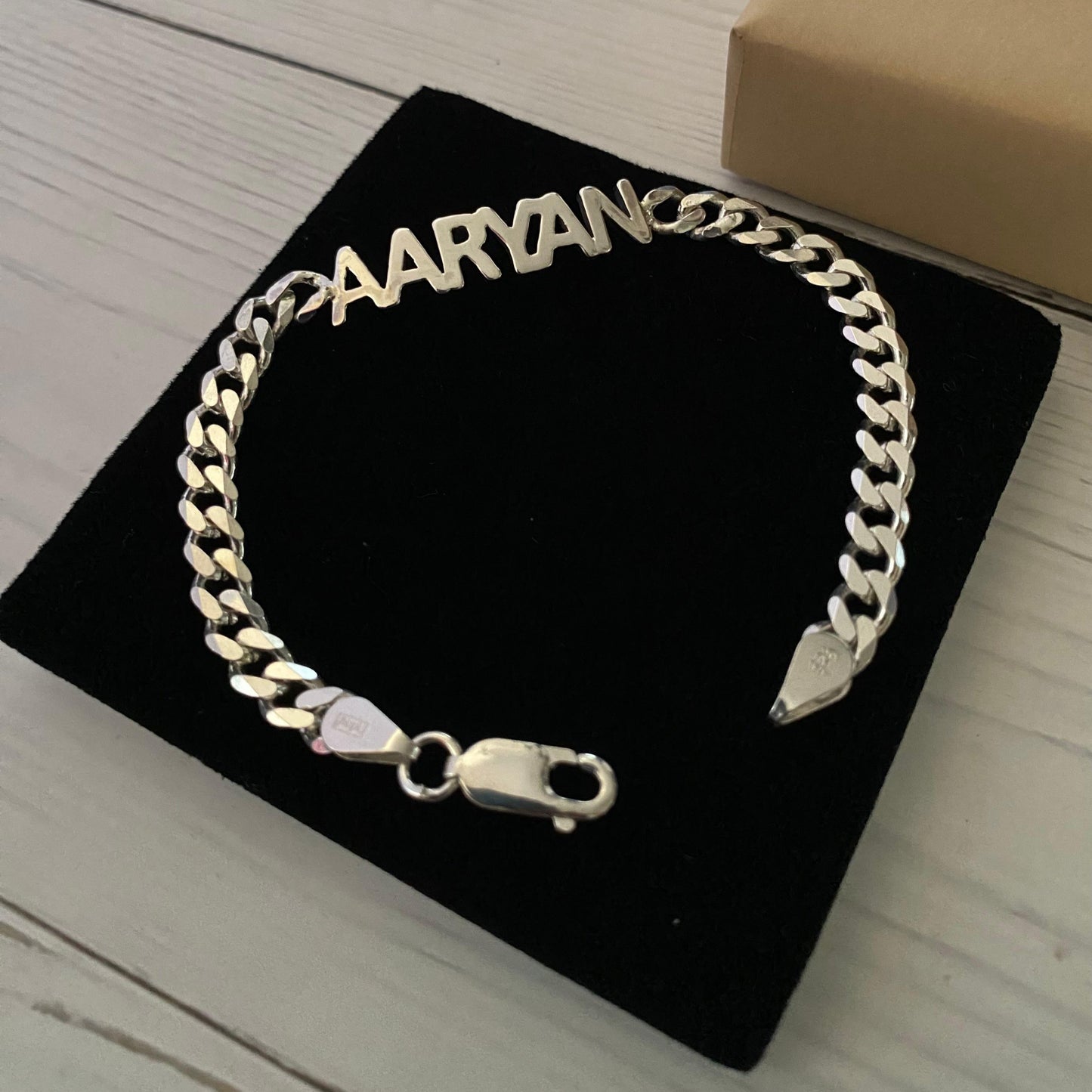 Personalized Hand Cut Name Bracelet in Sterling Silver with 8mm Link Chain