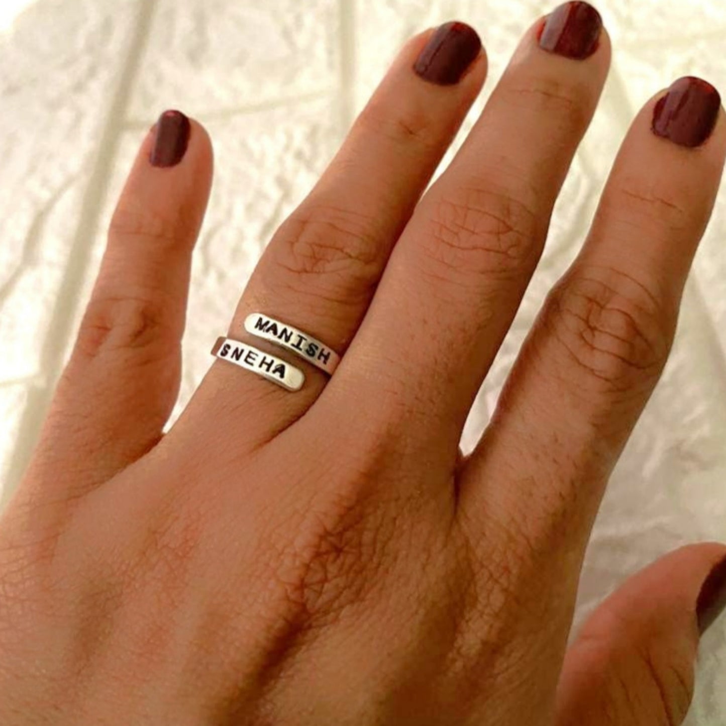 Personalised adjustable stamp couple name ring in 92.5 Sterling Silver